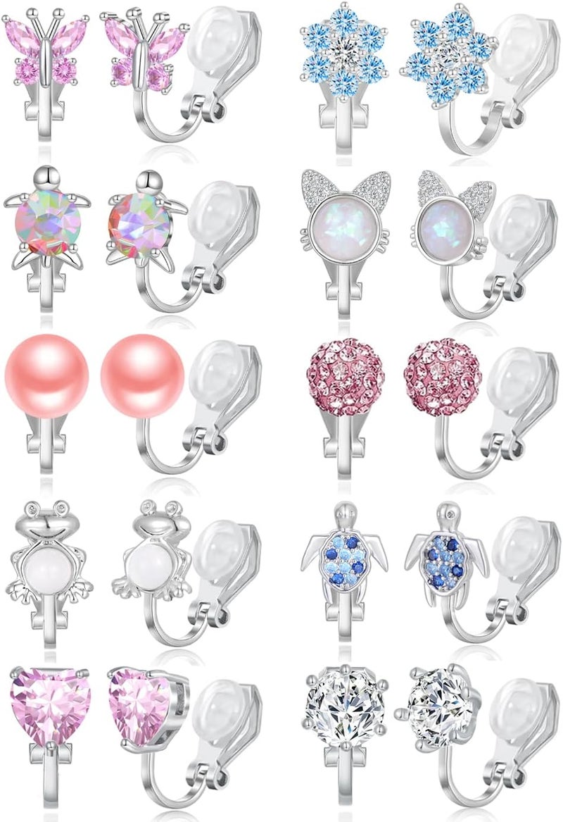 Tornito 10-15 Pairs Clip on Stud Earrings Non Pierced Teardrop Round Square CZ Pearl Twist Knot Flower Butterfly Heart Star Rainbow Cat Opal Clip on Earrings for Women - Image 1